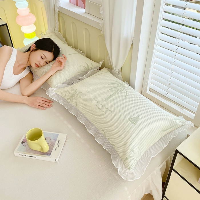 91家纺网 家纺一手货源 找家纺 雨彤家纺 2025新款冰豆豆蕾丝花边单人枕套单品枕套枕套单件 一帆风顺-浅绿