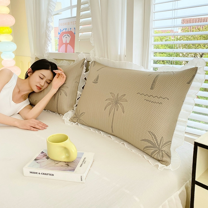 91家纺网 家纺一手货源 找家纺 雨彤家纺 2025新款冰豆豆蕾丝花边单人枕套单品枕套枕套单件 一帆风顺-咖