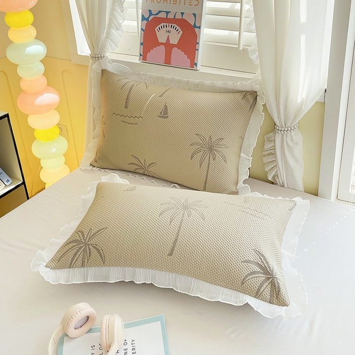 91家纺网 家纺一手货源 找家纺 雨彤家纺 2025新款冰豆豆蕾丝花边单人枕套单品枕套枕套单件 一帆风顺-咖