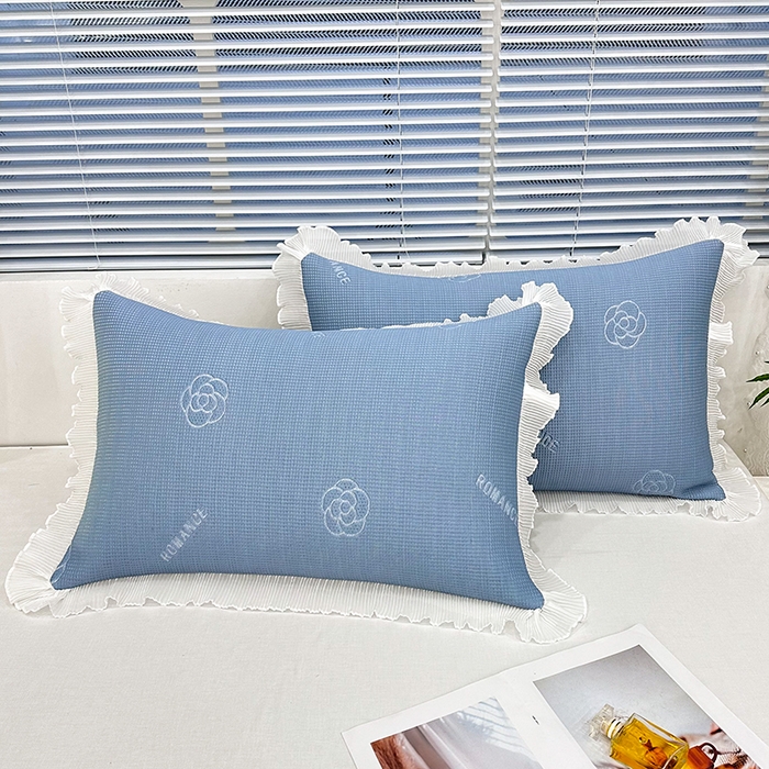 雨彤家纺 2025新款冰豆豆蕾丝花边单人枕套单品枕套枕套单件 山茶花-湖蓝
