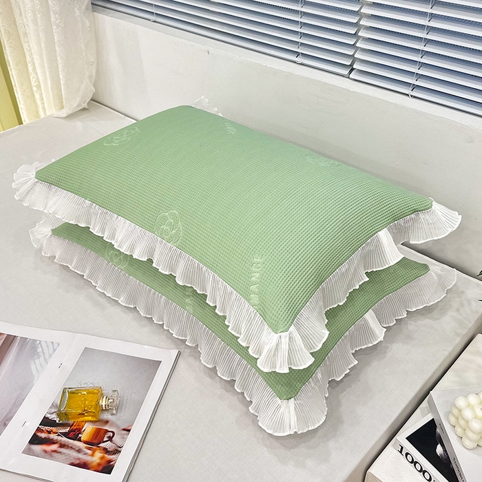 91家纺网 家纺一手货源 找家纺 雨彤家纺 2025新款冰豆豆蕾丝花边单人枕套单品枕套枕套单件 山茶花-绿