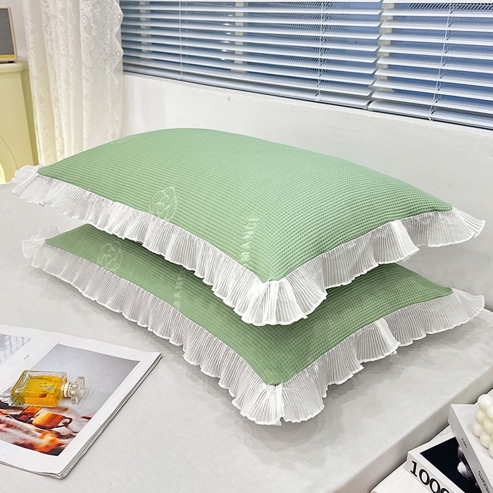 91家纺网 家纺一手货源 找家纺 雨彤家纺 2025新款冰豆豆蕾丝花边单人枕套单品枕套枕套单件 山茶花-绿