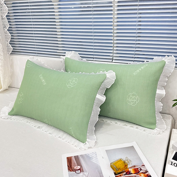 91家纺网 家纺一手货源 找家纺 雨彤家纺 2025新款冰豆豆蕾丝花边单人枕套单品枕套枕套单件 山茶花-绿