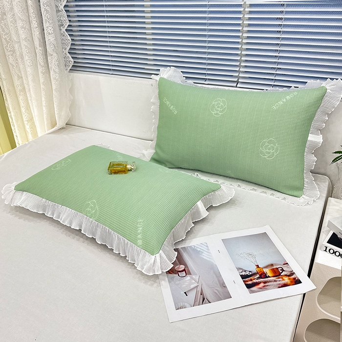 91家纺网 家纺一手货源 找家纺 雨彤家纺 2025新款冰豆豆蕾丝花边单人枕套单品枕套枕套单件 山茶花-绿