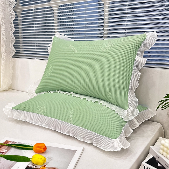 91家纺网 家纺一手货源 找家纺 雨彤家纺 2025新款冰豆豆蕾丝花边单人枕套单品枕套枕套单件 山茶花-绿