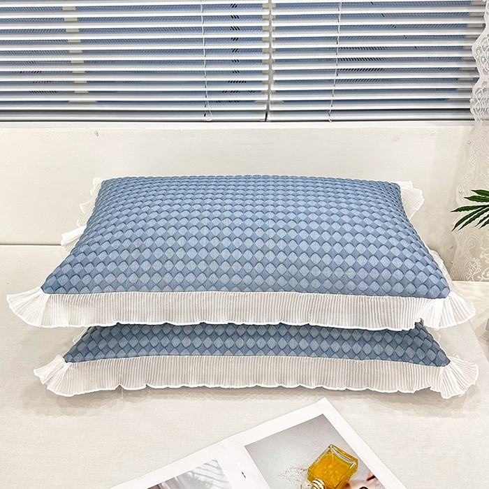 91家纺网 家纺一手货源 找家纺 雨彤家纺 2025新款冰豆豆蕾丝花边单人枕套单品枕套枕套单件 小菱形-蓝