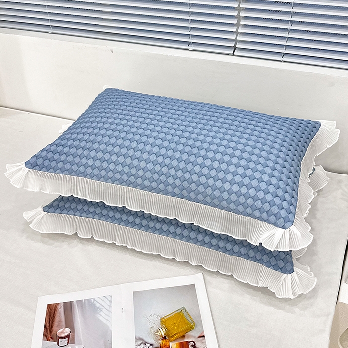 91家纺网 家纺一手货源 找家纺 雨彤家纺 2025新款冰豆豆蕾丝花边单人枕套单品枕套枕套单件 小菱形-蓝