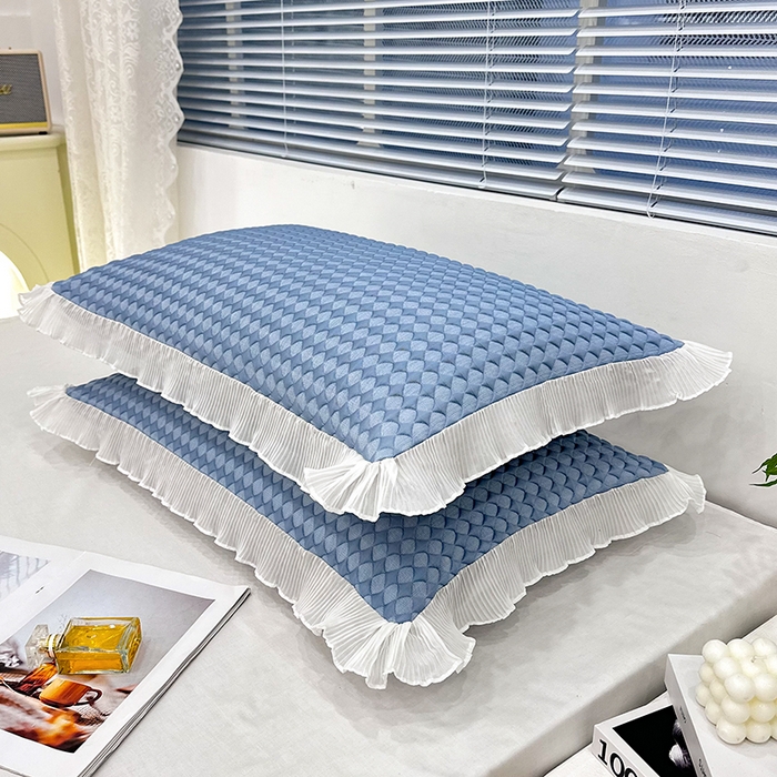 91家纺网 家纺一手货源 找家纺 雨彤家纺 2025新款冰豆豆蕾丝花边单人枕套单品枕套枕套单件 小菱形-蓝