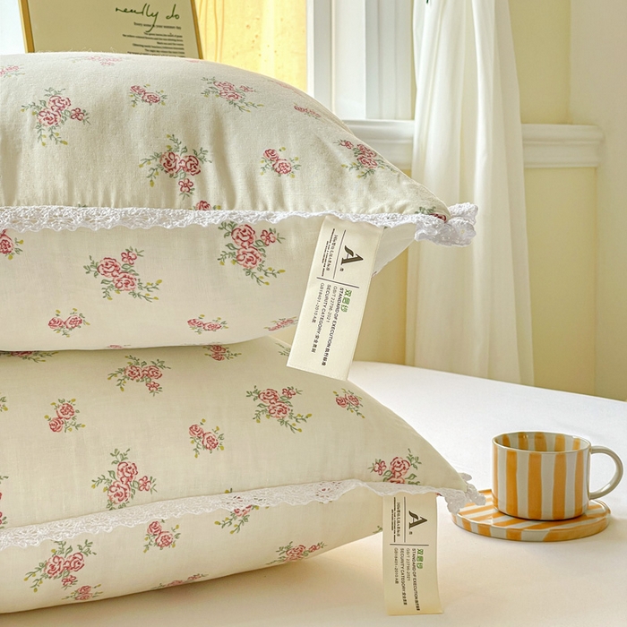 91家纺网 家纺一手货源 找家纺 亦帆枕芯 2025新款A类全棉双层纱花边枕头枕芯 花漾-A类全棉双层纱 48x74cm中枕/对