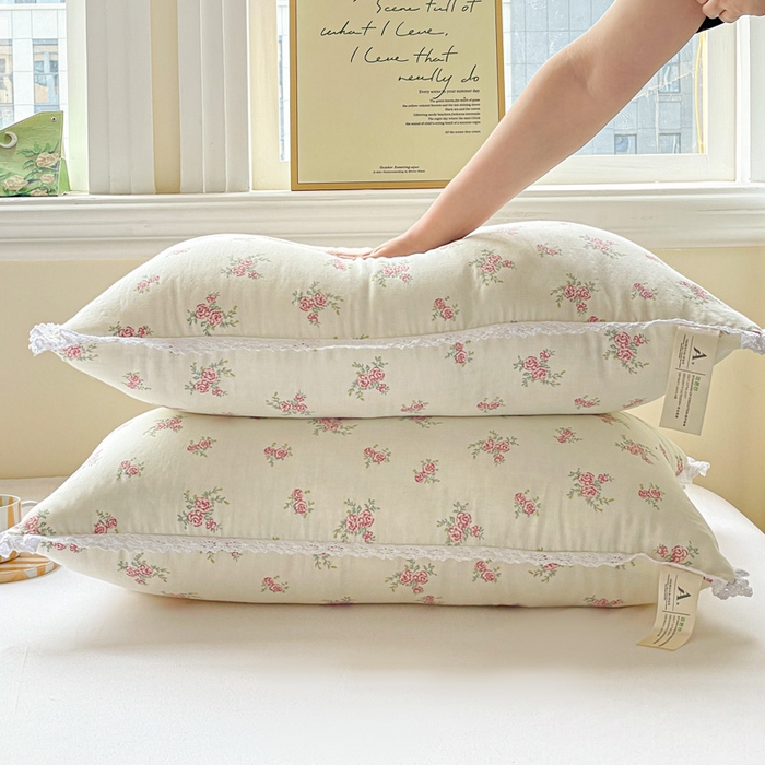 91家纺网 家纺一手货源 找家纺 亦帆枕芯 2025新款A类全棉双层纱花边枕头枕芯 花漾-A类全棉双层纱 48x74cm中枕/只