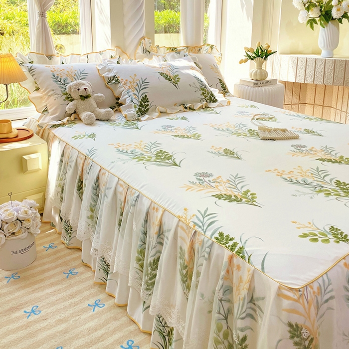 91家纺网 家纺一手货源 找家纺 雨彤家纺 2025新款高克重韩式公主风亲肤斜纹床裙单品床裙床裙单件 斐叶花影-公主风