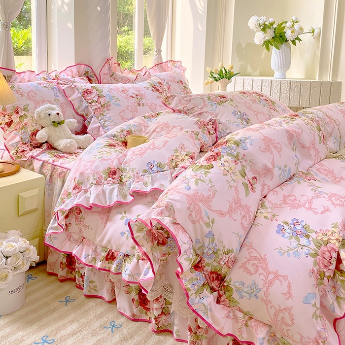 91家纺网 家纺一手货源 找家纺 （总）雨彤家纺 2025新款高克重韩式公主风亲肤斜纹床裙四件套