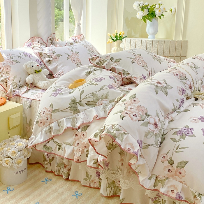 91家纺网 家纺一手货源 找家纺 （总）雨彤家纺 2025新款高克重韩式公主风亲肤斜纹床裙四件套