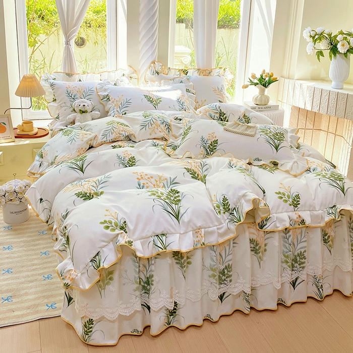 91家纺网 家纺一手货源 找家纺 雨彤家纺 2025新款高克重韩式公主风亲肤斜纹床裙四件套 斐叶花影-公主风