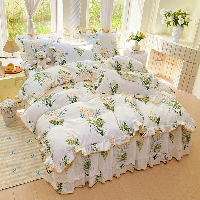 91家纺网 家纺一手货源 找家纺 雨彤家纺 2025新款高克重韩式公主风亲肤斜纹床裙四件套 斐叶花影-公主风