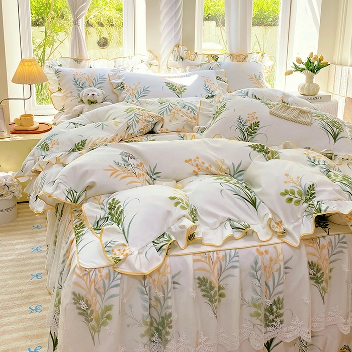 91家纺网 家纺一手货源 找家纺 雨彤家纺 2025新款高克重韩式公主风亲肤斜纹床裙四件套 斐叶花影-公主风