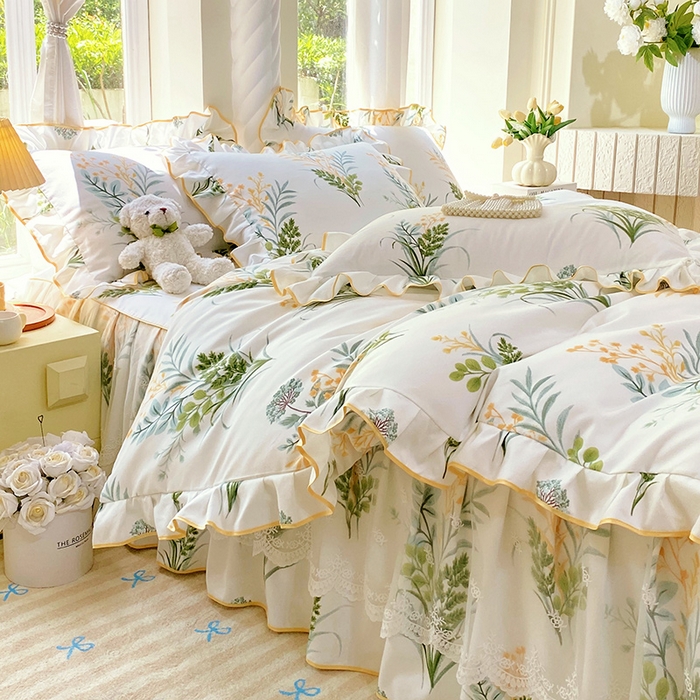 91家纺网 家纺一手货源 找家纺 雨彤家纺 2025新款高克重韩式公主风亲肤斜纹床裙四件套 斐叶花影-公主风