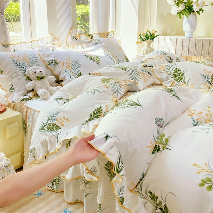 91家纺网 家纺一手货源 找家纺 雨彤家纺 2025新款高克重韩式公主风亲肤斜纹床裙四件套 斐叶花影-公主风