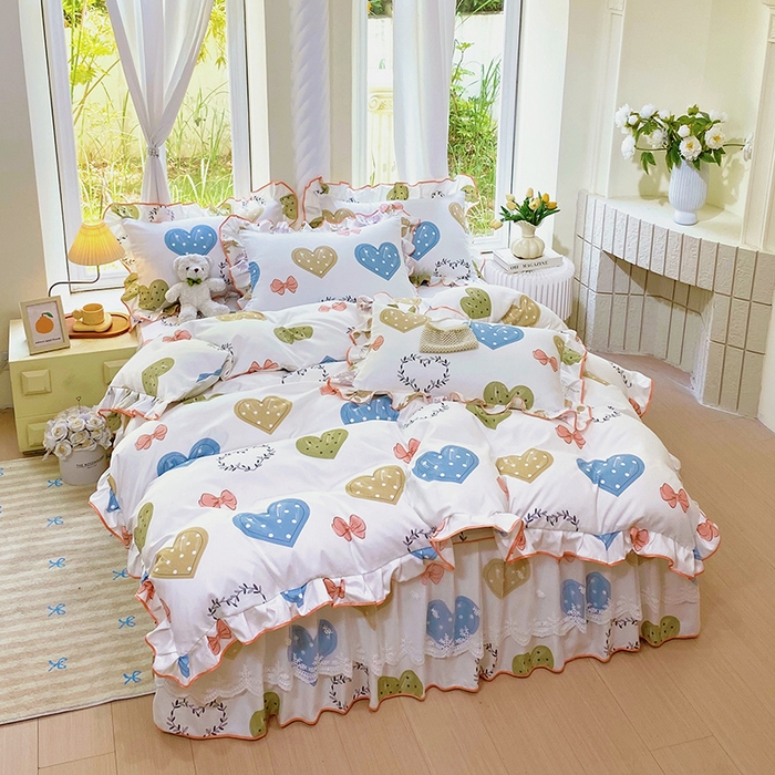 91家纺网 家纺一手货源 找家纺 雨彤家纺 2025新款高克重韩式公主风亲肤斜纹床裙四件套 恬心爱恋-公主风