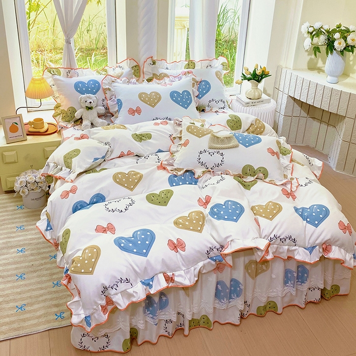 91家纺网 家纺一手货源 找家纺 雨彤家纺 2025新款高克重韩式公主风亲肤斜纹床裙四件套 恬心爱恋-公主风