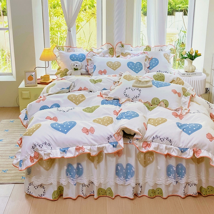 91家纺网 家纺一手货源 找家纺 雨彤家纺 2025新款高克重韩式公主风亲肤斜纹床裙四件套 恬心爱恋-公主风