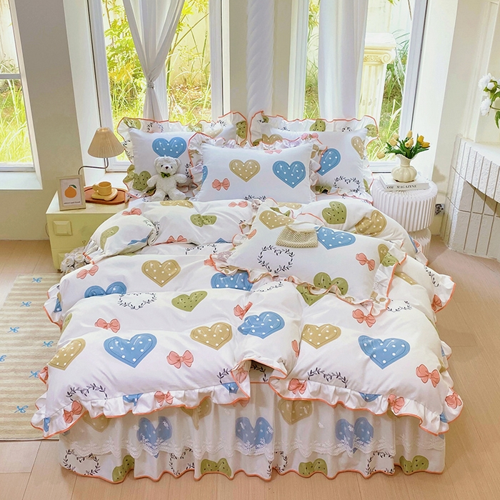 91家纺网 家纺一手货源 找家纺 雨彤家纺 2025新款高克重韩式公主风亲肤斜纹床裙四件套 恬心爱恋-公主风