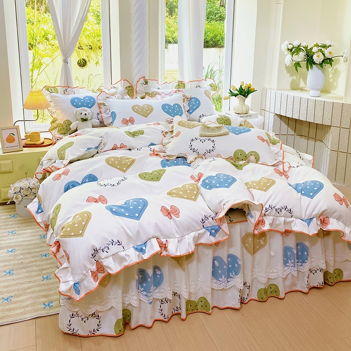 91家纺网 家纺一手货源 找家纺 雨彤家纺 2025新款高克重韩式公主风亲肤斜纹床裙四件套 恬心爱恋-公主风