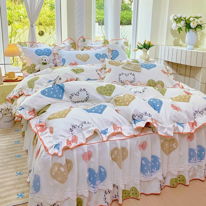 91家纺网 家纺一手货源 找家纺 雨彤家纺 2025新款高克重韩式公主风亲肤斜纹床裙四件套 恬心爱恋-公主风