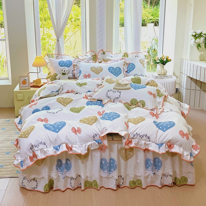 91家纺网 家纺一手货源 找家纺 雨彤家纺 2025新款高克重韩式公主风亲肤斜纹床裙四件套 恬心爱恋-公主风