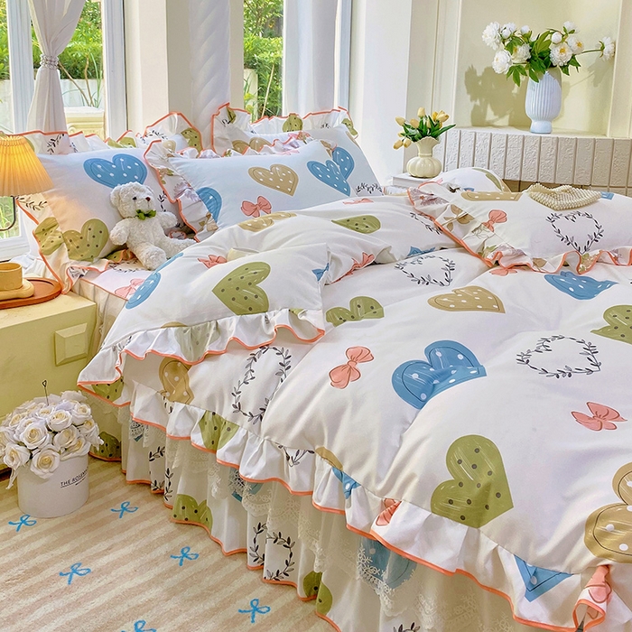 91家纺网 家纺一手货源 找家纺 雨彤家纺 2025新款高克重韩式公主风亲肤斜纹床裙四件套 恬心爱恋-公主风