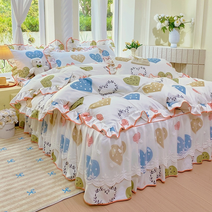 91家纺网 家纺一手货源 找家纺 雨彤家纺 2025新款高克重韩式公主风亲肤斜纹床裙四件套 恬心爱恋-公主风