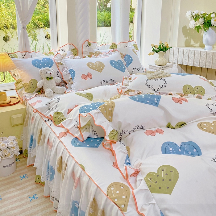 91家纺网 家纺一手货源 找家纺 雨彤家纺 2025新款高克重韩式公主风亲肤斜纹床裙四件套 恬心爱恋-公主风