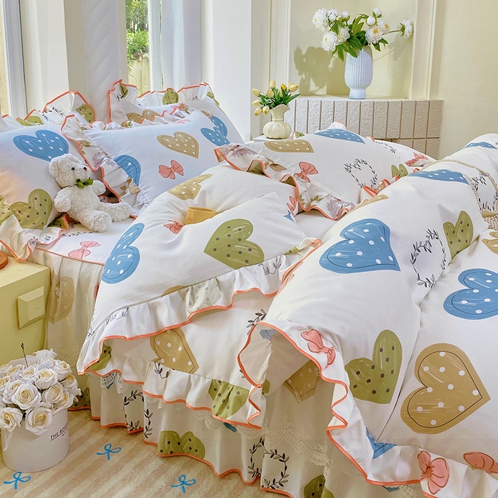 91家纺网 家纺一手货源 找家纺 雨彤家纺 2025新款高克重韩式公主风亲肤斜纹床裙四件套 恬心爱恋-公主风