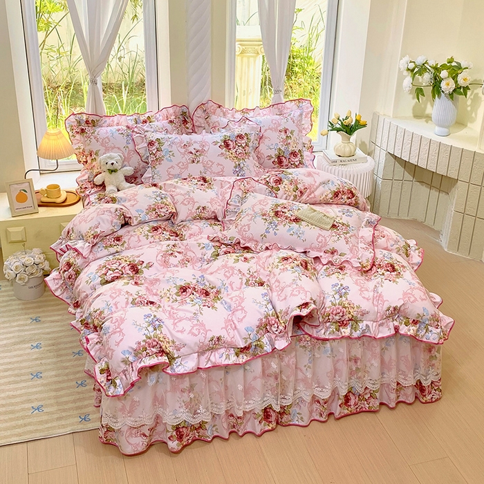 91家纺网 家纺一手货源 找家纺 雨彤家纺 2025新款高克重韩式公主风亲肤斜纹床裙四件套 绮丽花语-公主风