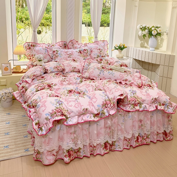 91家纺网 家纺一手货源 找家纺 雨彤家纺 2025新款高克重韩式公主风亲肤斜纹床裙四件套 绮丽花语-公主风