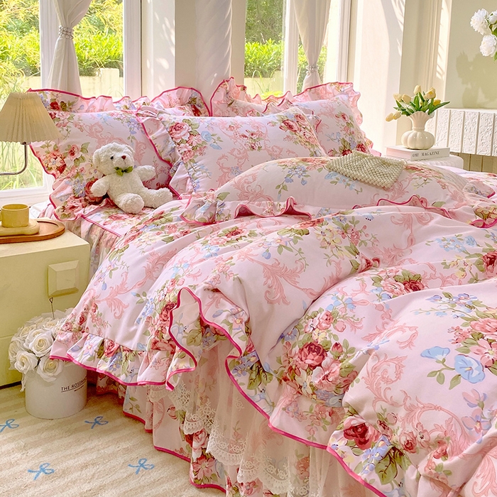 91家纺网 家纺一手货源 找家纺 雨彤家纺 2025新款高克重韩式公主风亲肤斜纹床裙四件套 绮丽花语-公主风