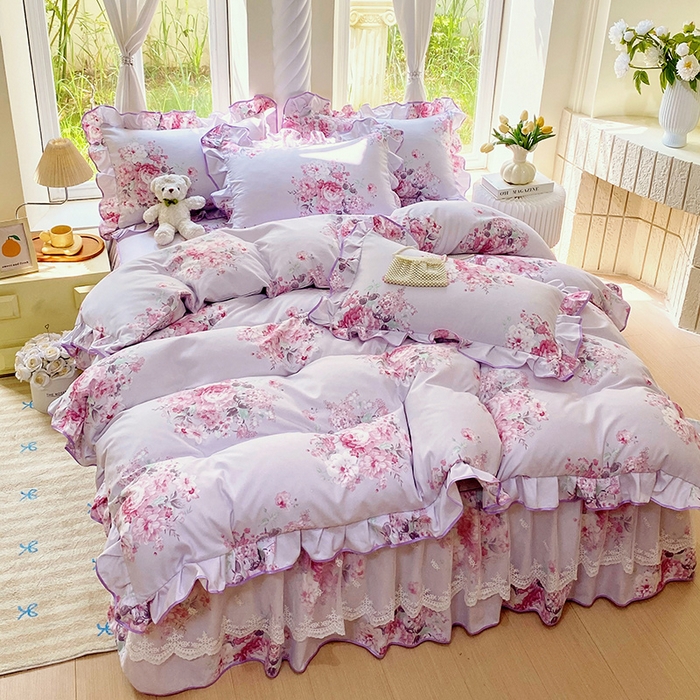 91家纺网 家纺一手货源 找家纺 雨彤家纺 2025新款高克重韩式公主风亲肤斜纹床裙四件套 琉璃晚香-公主风