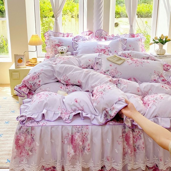 91家纺网 家纺一手货源 找家纺 雨彤家纺 2025新款高克重韩式公主风亲肤斜纹床裙四件套 琉璃晚香-公主风