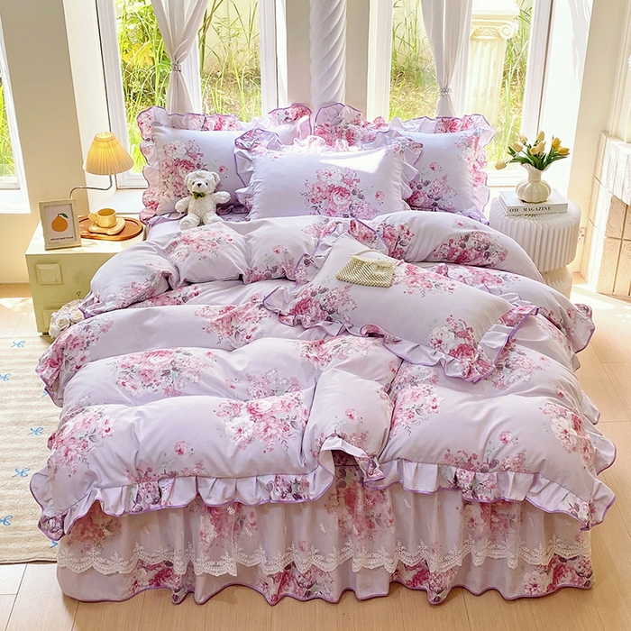 91家纺网 家纺一手货源 找家纺 雨彤家纺 2025新款高克重韩式公主风亲肤斜纹床裙四件套 琉璃晚香-公主风