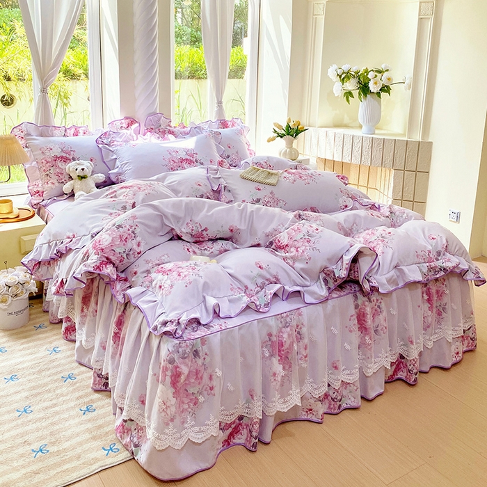 91家纺网 家纺一手货源 找家纺 雨彤家纺 2025新款高克重韩式公主风亲肤斜纹床裙四件套 琉璃晚香-公主风