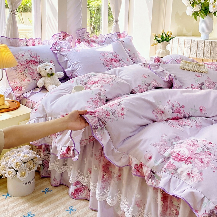 91家纺网 家纺一手货源 找家纺 雨彤家纺 2025新款高克重韩式公主风亲肤斜纹床裙四件套 琉璃晚香-公主风