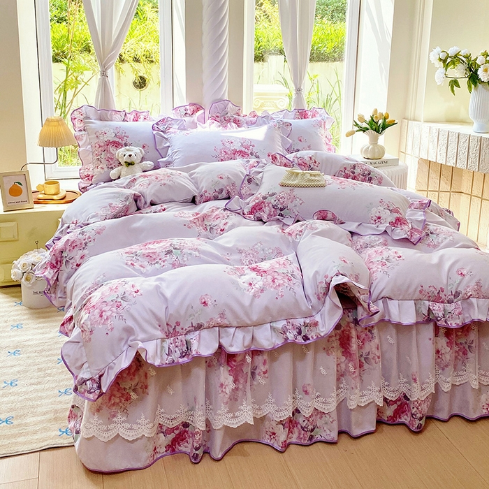 91家纺网 家纺一手货源 找家纺 雨彤家纺 2025新款高克重韩式公主风亲肤斜纹床裙四件套 琉璃晚香-公主风