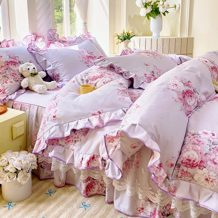 91家纺网 家纺一手货源 找家纺 雨彤家纺 2025新款高克重韩式公主风亲肤斜纹床裙四件套 琉璃晚香-公主风