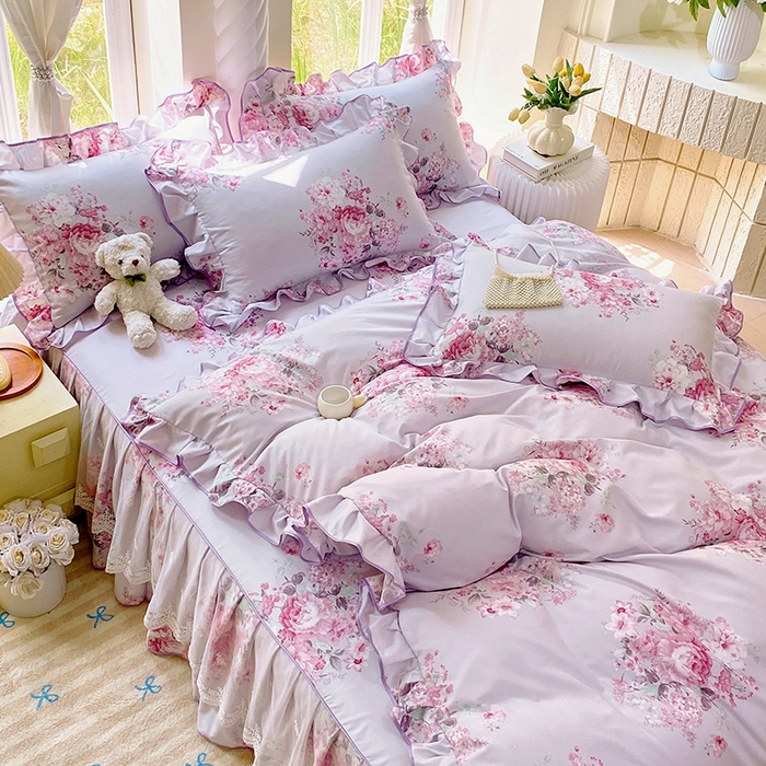 91家纺网 家纺一手货源 找家纺 雨彤家纺 2025新款高克重韩式公主风亲肤斜纹床裙四件套 琉璃晚香-公主风