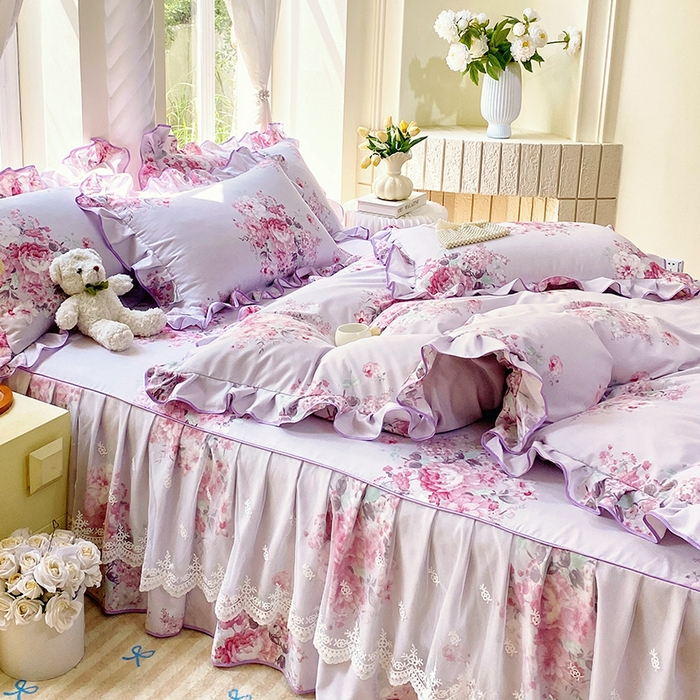 91家纺网 家纺一手货源 找家纺 雨彤家纺 2025新款高克重韩式公主风亲肤斜纹床裙四件套 琉璃晚香-公主风