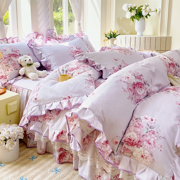 91家纺网 家纺一手货源 找家纺 雨彤家纺 2025新款高克重韩式公主风亲肤斜纹床裙四件套 琉璃晚香-公主风