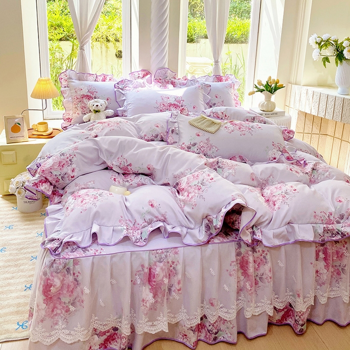 91家纺网 家纺一手货源 找家纺 雨彤家纺 2025新款高克重韩式公主风亲肤斜纹床裙四件套 琉璃晚香-公主风