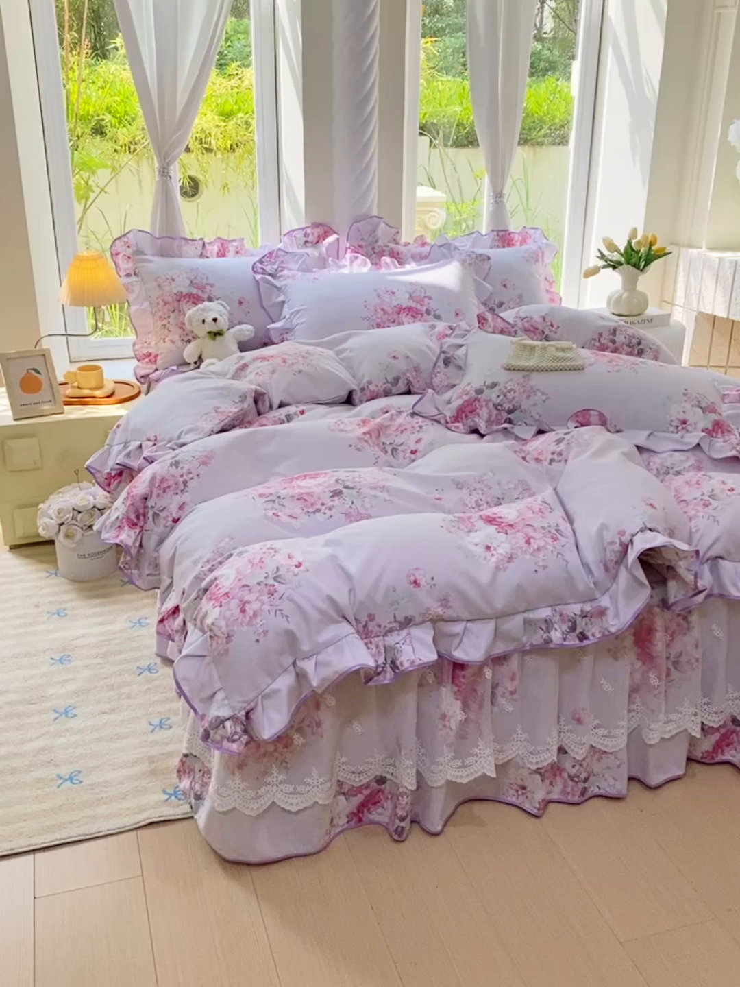 91家纺网 家纺一手货源 找家纺 雨彤家纺 2025新款高克重韩式公主风亲肤斜纹床裙四件套 琉璃晚香-公主风