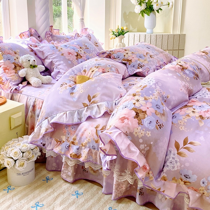 雨彤家纺 2025新款高克重韩式公主风亲肤斜纹床裙四件套 漫丁蔷薇-公主风