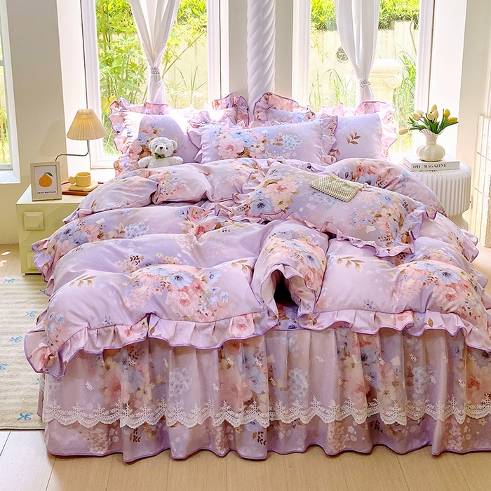 91家纺网 家纺一手货源 找家纺 雨彤家纺 2025新款高克重韩式公主风亲肤斜纹床裙四件套 漫丁蔷薇-公主风